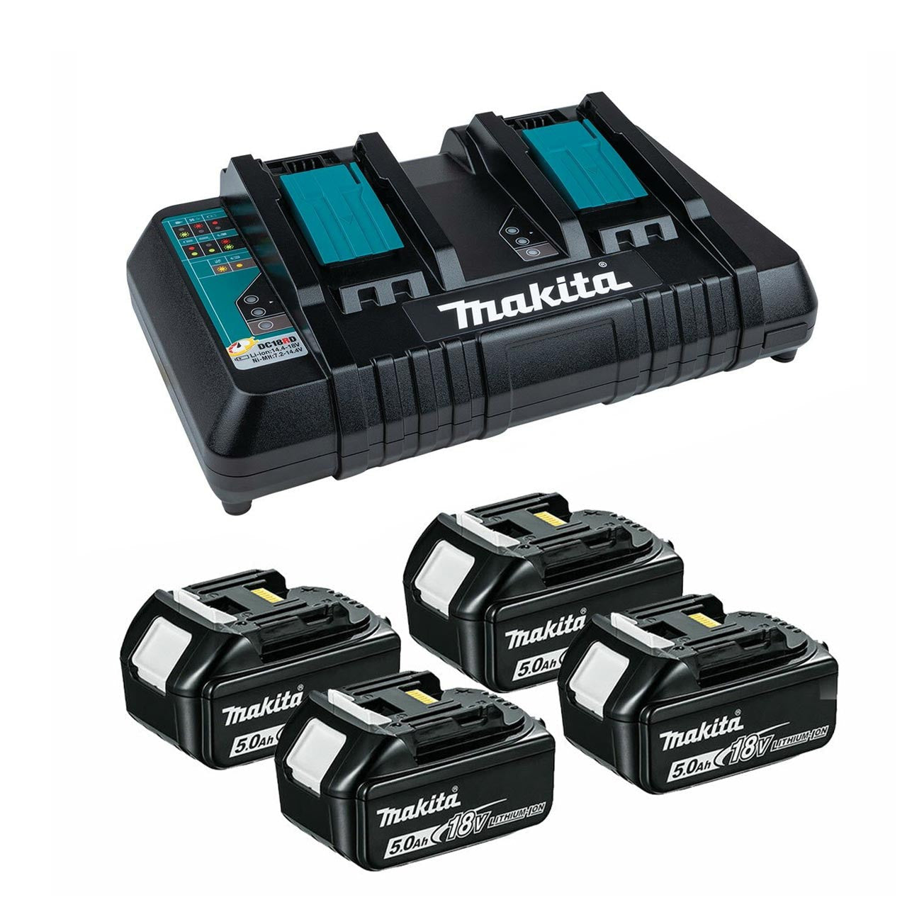 Makita DC18RD Twin Port Rapid Charger with 4 x BL1850B 18V 5.0Ah LXT Lithium-Ion Batteries – Genuine Makita Battery & Charger Kit